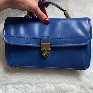 Vintage Blue Structured Top Handle Bag Gold Lock